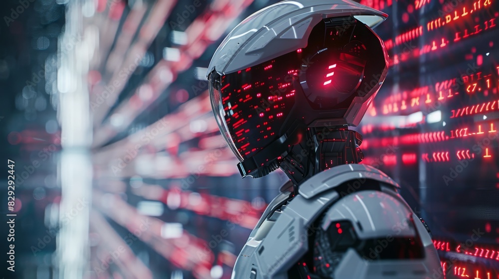 Poster modern technology concept: futuristic ai robot engaging with digital data