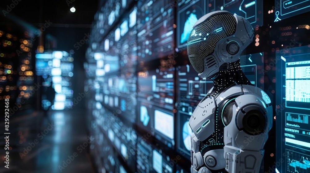 Poster modern technology concept: futuristic ai robot engaging with digital data