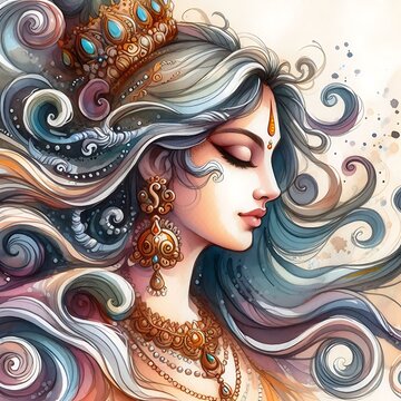 Watercolor Painting of Goddess Parvati's Flowing Hair
