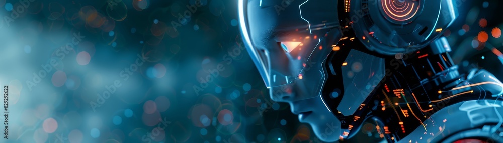 Poster modern technology concept: futuristic ai robot engaging with digital data