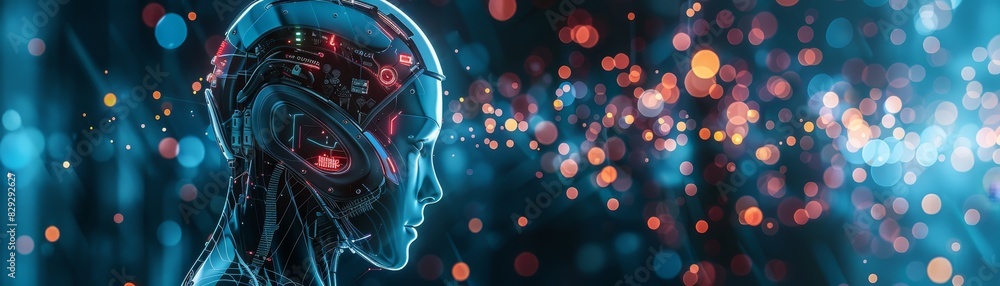Poster modern technology concept: futuristic ai robot engaging with digital data