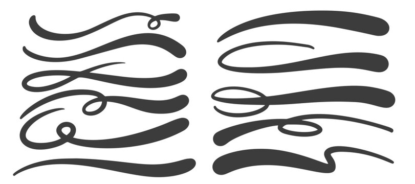 Swoosh and swish vector underlines. Hand drown swirl swashes. Curly strokes with squiggle tails. Elegant calligraphic decorative elements. Flourish vintage shapes