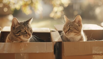 Two felines in cartons relocating