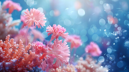 Various flowerlike corals bloom in electric blue and magenta hues underwater