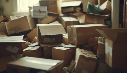 Unboxing pile of boxes with shallow depth in natural light after moving