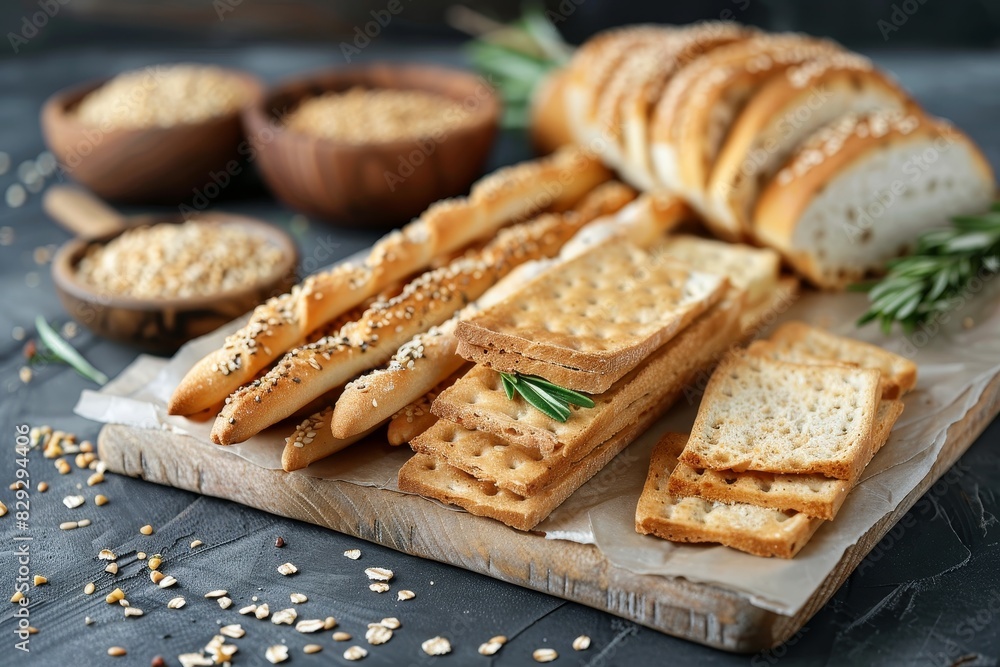 Sticker variety of healthy snacks toasted breads crispy grissini with sesame seeds salted crackers