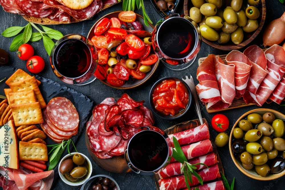 Canvas Prints various appetizers including antipasti charcuterie and red wine sausage ham tapas olives and cracker