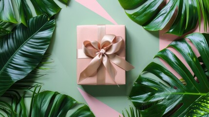 A beautifully adorned gift box with a ribbon bow, surrounded by tropical leaves and dried flowers, placed on a flat lay solid color background with plenty of copy space.