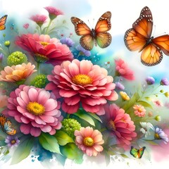 A vibrant bunch of flowers surrounded by fluttering butterflies.