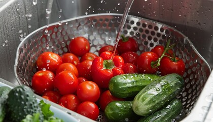 Vegetables raw washed in colander in sink tomatoes cucumbers red pepper