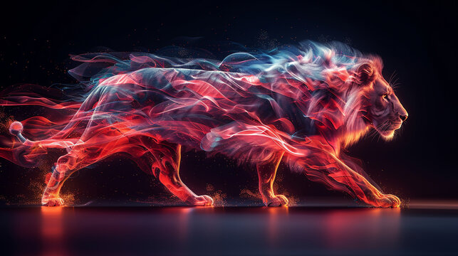 A lion is depicted in a fiery blaze, with its tail and legs extending outwards. Concept of power and strength, as well as a fiery, intense energy