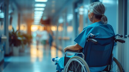 Obraz premium An elderly patient in a wheelchair navigates a bright hospital corridor, with healthcare workers and patients in the background.