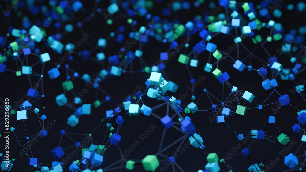Poster colorful 3d cubes with network move in space. design. connecting chains with 3d cubes in space. cube