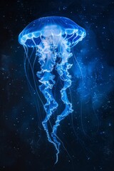  Ethereal jellyfish floating in a deep blue oceanic abyss