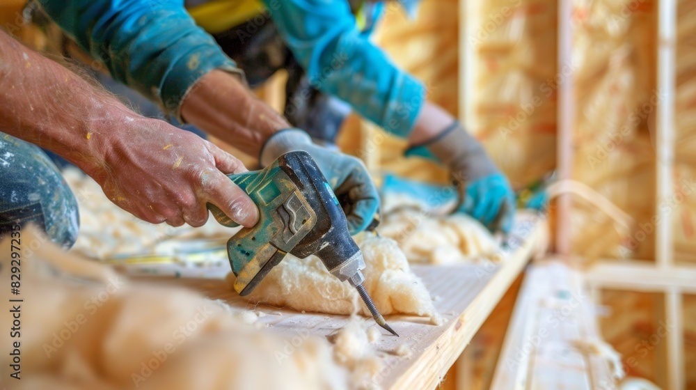 Poster a team of workers work in unison to quickly install insulation into a new home each with specialized