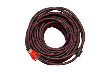 The coil of HDMI cable isolated on white background. Red-black cable for connecting multimedia...