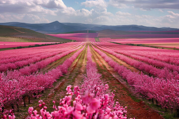 the full view of peach fields in Almería, Spain. The field is covered with blooming pink peaches...