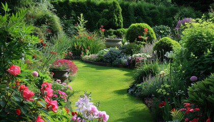 Fototapeta premium Well maintained garden with beautiful summer flowers and shrubs