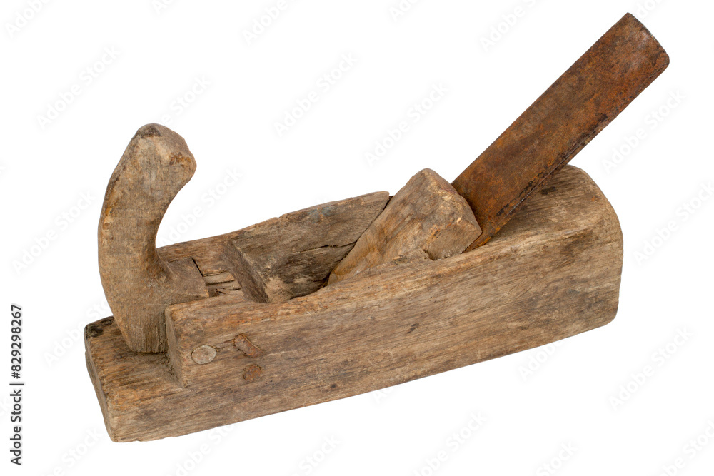 Wall mural An antique wooden planer isolated on a white background. Close-up of an old planer.