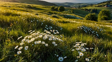 Naklejka premium Beautiful spring and summer natural panoramic pastoral landscape with blooming field of daisies in the grass in the hilly countryside.