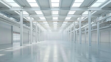 Obraz premium Empty white warehouse interior with clean, open space and a pristine white background, emphasizing the vast, uncluttered area