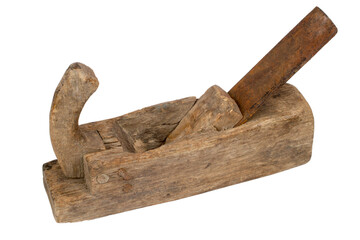 An antique wooden planer isolated on a white background. Close-up of an old planer.