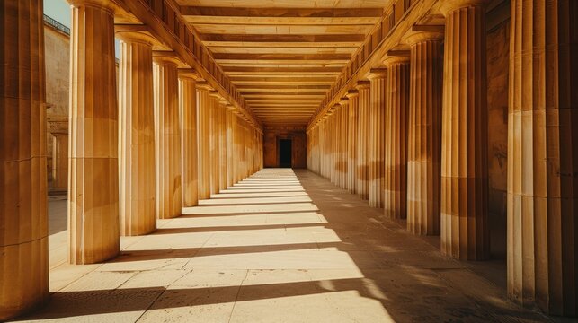 A magnificent Greek stoa,  or covered walkway,  with rows of columns and arches