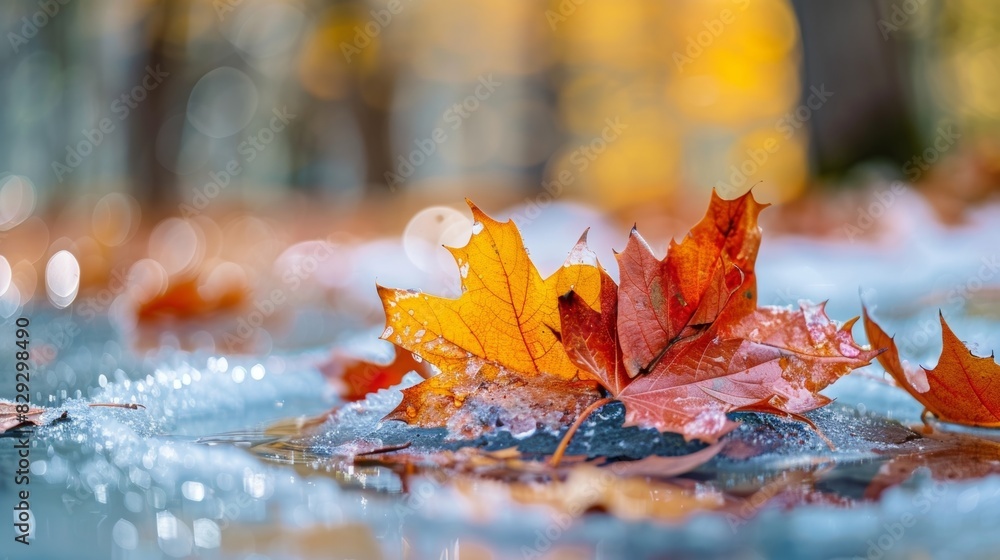 Poster vibrant autumn leaves embedded in a partially frozen ice disk adding a pop of color to the wintry la
