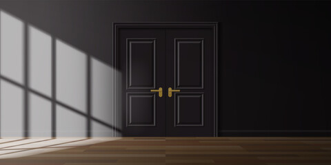 empty dark room  interior design with double door window light effect and black wall vector illustration