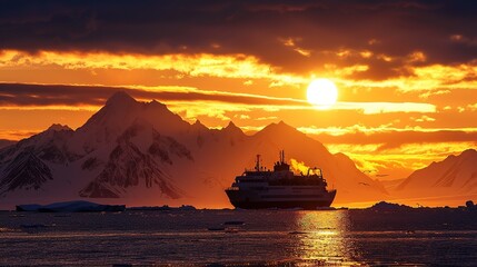 Expedition ship cruising under the golden midnight sun by snowy mountains