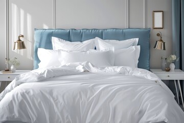 White bed linen on sofa in interior bedroom with bed bedside table blue headboard pillows duvet and front view