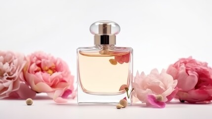 Women's perfume bottle mockup on light background with different flowers for cosmetic branding