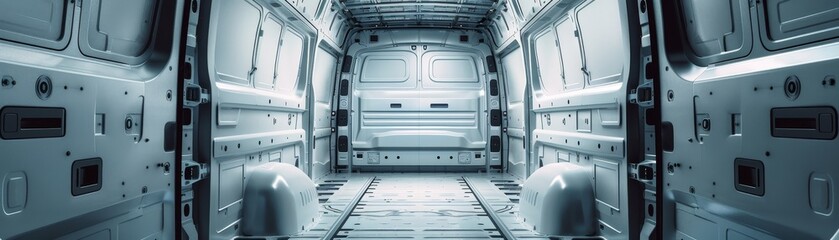  Empty cargo van interior with open doors and clean space for transport