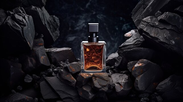 Mockup of a bottle of men's perfume standing on a stone on a dark background