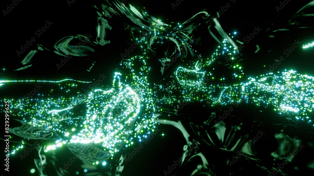 Poster tiny shimmering bokeh particles moving fast on a black backdrop. design. neon round shaped dots.