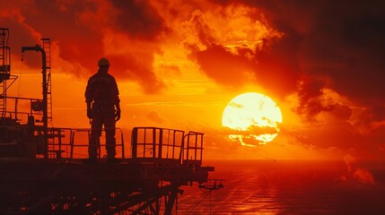 Naklejka premium Worker stands on top of offshore oil platform during sunset.
