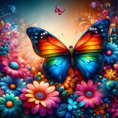 Fields of flowers are decorated with colorful butterflies.
