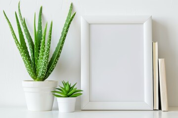 White frame and aloe plant on shelf or desk White theme