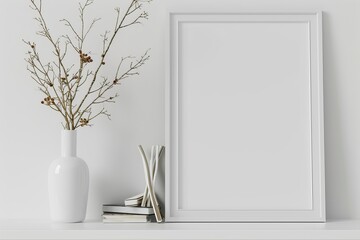 White frame with twigs in vase on shelf or desk