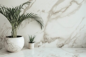 White marble table with minimalistic style house plant and copy space for display