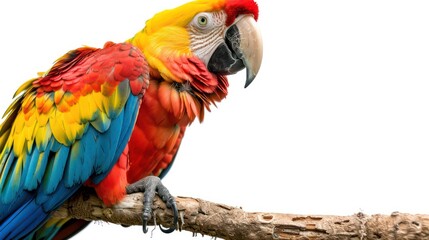 Obraz premium A vibrant Scarlet Macaw parrot with vivid red, blue, and yellow feathers perched on a wooden branch, isolated on a white background