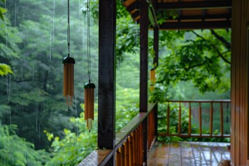 Fototapeta premium Wind chimes on porch with green trees in background