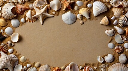 Obraz premium Different sea shells on beach sand, top view. Banner for design, copy space 