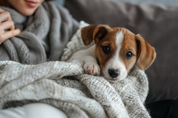 Woman and puppy cuddling on couch with blanket Enjoying lazy day at home with beloved pet Close up with copy space interior background