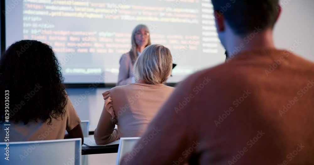 Poster University, student or girl and question in lecture for advice or understanding, learning and feedback on subject. Back view, raise hand and ask for education answer and blockchain debate discussion.
