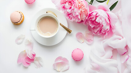 cup of coffee with pink roses,
Pink peonies coffee with milk and cute femini