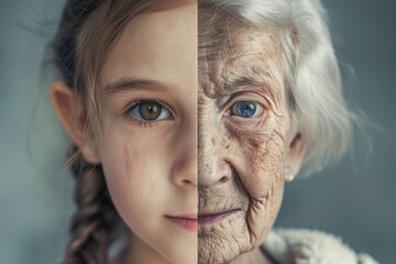 Face divided into two halves - one half of little girl and half of old woman. Childhood and old age. Getting older, aging, maturing, longevity, lifespan, senescence, gerontology, anti-aging concept
