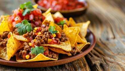 Yellow corn nachos and cooked ground beef on plate with red salsa in background on wooden table