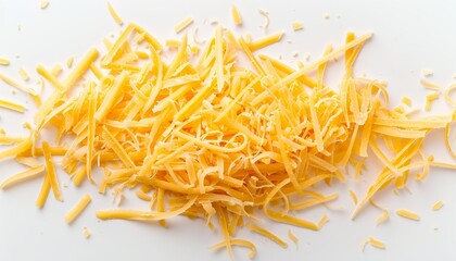 Obraz premium Yellow shredded cheese on a white background top view