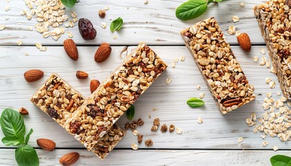 Yoga fitness and sports snacks oat date and nut bars on white background